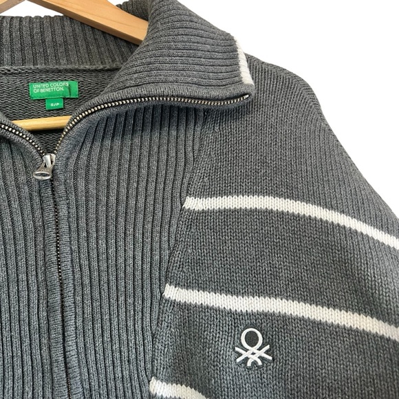 Benetton 3/4 zip cotton knit grey & white striped sweater S excellent condition - Picture 5 of 11
